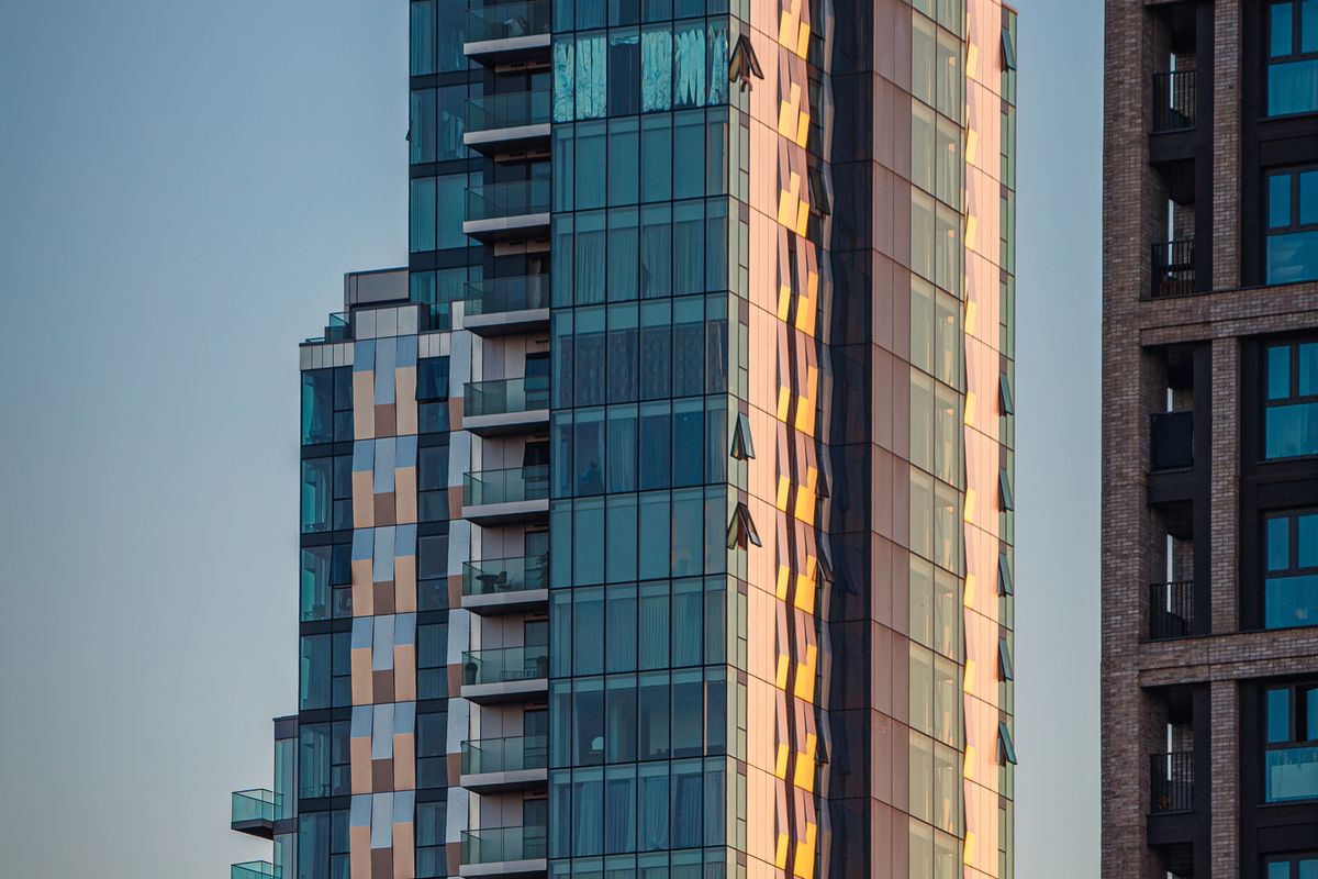 Modern city centre apartment towers in evening light