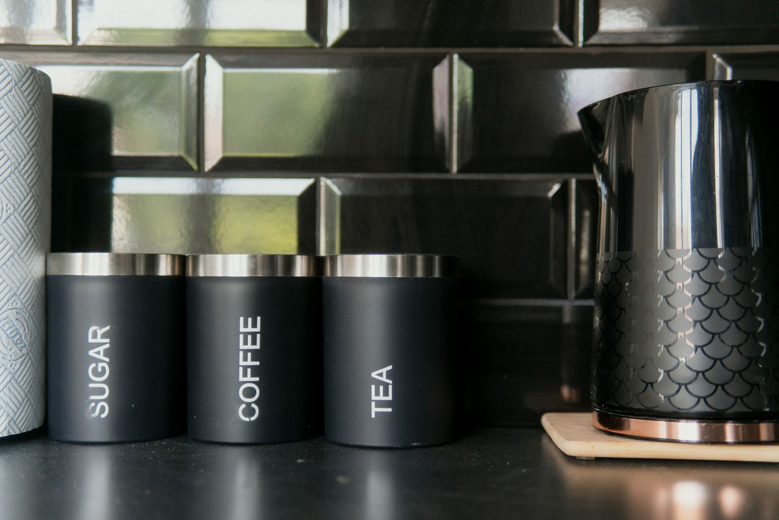 Kettle and tea, coffee and sugar canisters